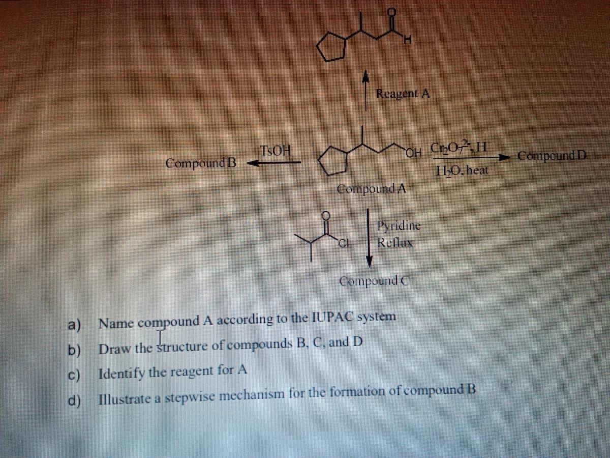 Reagent A
TSOH
OH CrO,H
Compound B
> Compound D
H-O.heat
Compound A
Pyridine
Reflux
CI
Compound C
a)
Name compound A according to the IUPAC system
b)
Draw the structure of compounds B, C, and D
c) Identify the reagent for A
d)
Illustrate a stepwise mechanism for the formation of compound B
