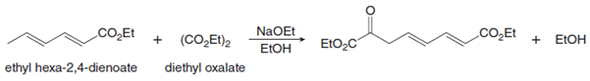 CO̟E
NaOEt
.CO̟Et
(CO,Et)2
EtO¿C
ETOH
ELOH
ethyl hexa-2,4-dienoate
diethyl oxalate
