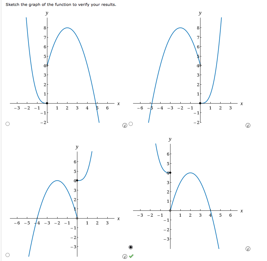 Sketch the graph of the function to verify your results.
y
I
- 3 -2 -1
8
7
6
5
4¢
3
2
-1
-24
1
I
2
3
6
5
+
3
21
- 6 -5 +4 - 3 -2 -1
-1
-2
-3
4 5 6
1
2
3
X
X
- 6
-3
-5
-2
4 - 3
-1
5
3
2
1
-1
-2
-3
-2 -1
1
1
2
y
8
가
6
5
44
3
2
1
-1
-2²
3
ㅗ
1
4
2
5
3
6
X
X