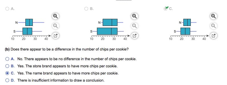 O A.
O B.
N
N-
S-
10
20
30
10
20
30
40
10
20
30
40
(b) Does there appear to be a difference in the number of chips per cookie?
O A. No. There appears to be no difference in the number of chips per cookie.
B. Ye
The store brand appears to have more chips per cookie.
C. Yes. The name brand appears to have more chips per cookie.
D. There is insufficient information to draw a conclusion.
