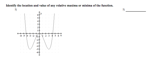 Identify the location and value of any relative maxima or minima of the function.
7)
7)
-6 -5 4 -3 -2
V 2 3
