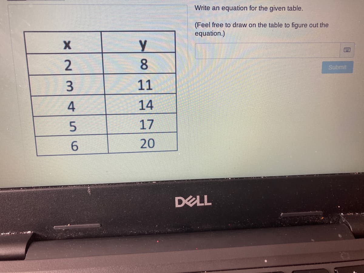 Write an equation for the given table.
(Feel free to draw on the table to figure out the
equation.)
8
Submit
11
14
17
20
DELL
X23 456
