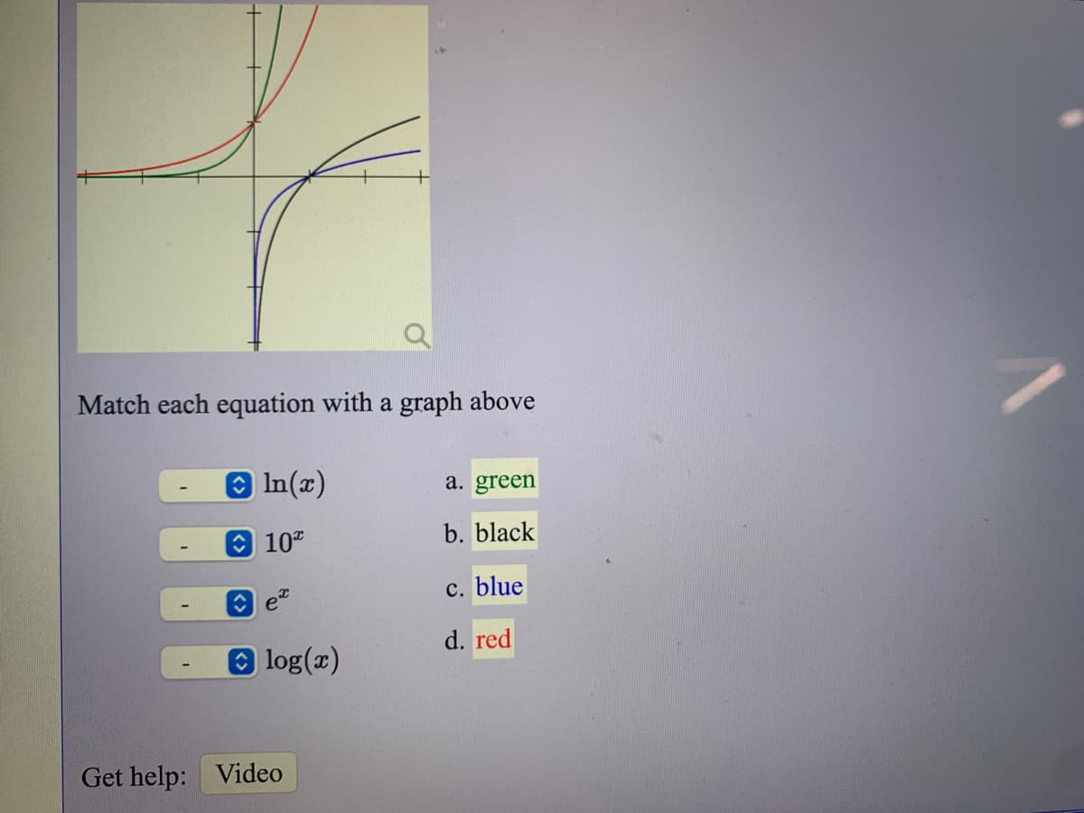 Match each equation with a graph above
In(x)
a. green
10
b. black
et
c. blue
d. red
| log(æ)
Get help: Video
