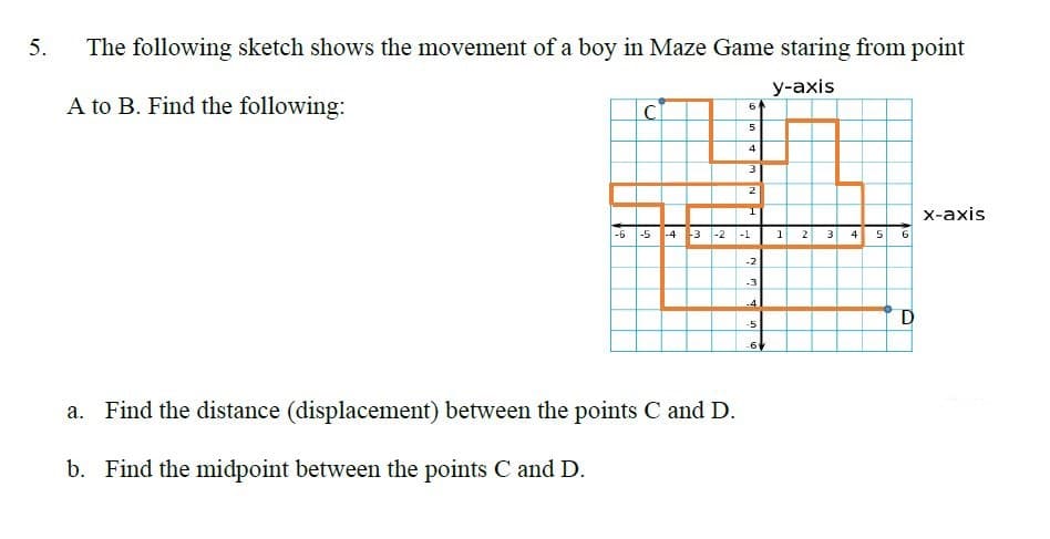 у-ахis
A to B. Find the following:
C
6.
5
4
x-axis
-6 5 4 3 -2
2 3 4 56
-5
a. Find the distance (displacement) between the points C and D.
b. Find the midpoint between the points C and D.
