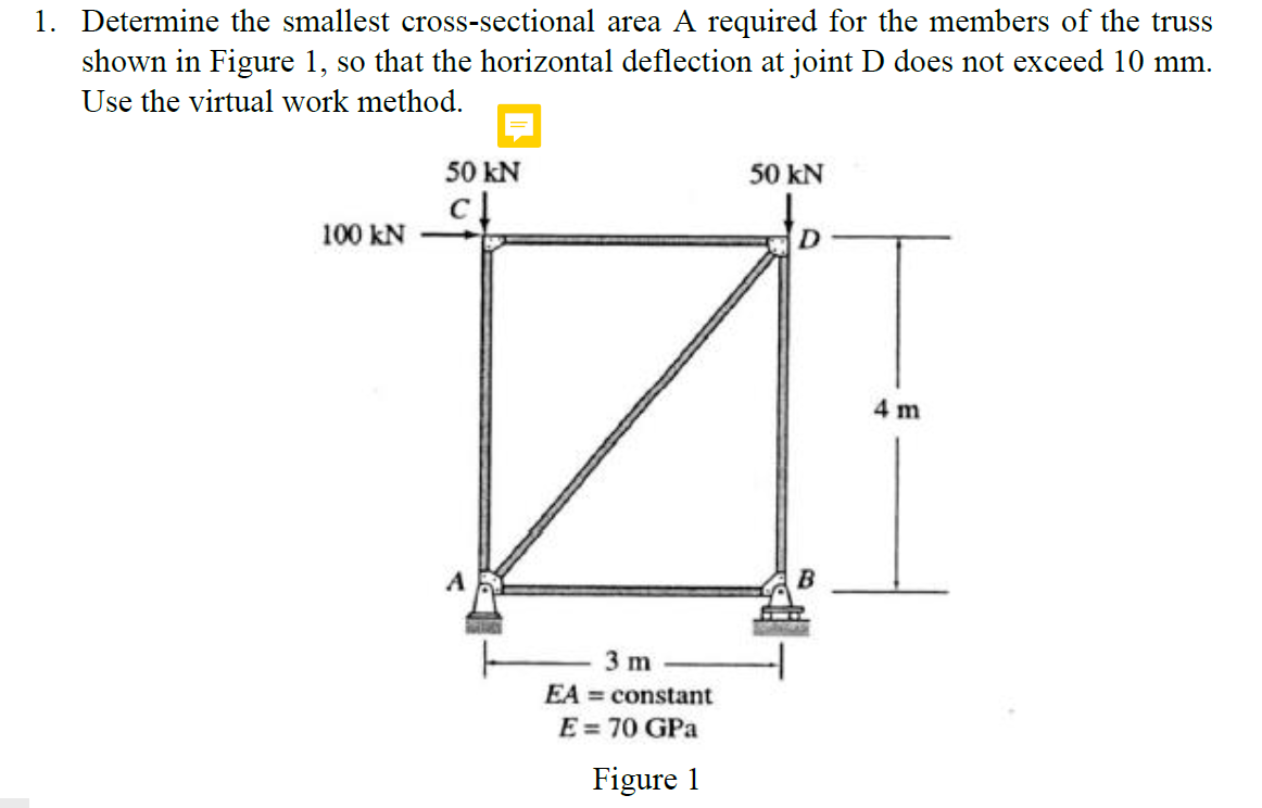 Determine the smallest cross-sectional area A required for the members of the truss
shown in Figure 1, so that the horizontal deflection at joint D does not exceed 10 mm.
Use the virtual work method.
50 kN
50 kN
100 kN
4 m
3 m
EA = constant
E = 70 GPa
