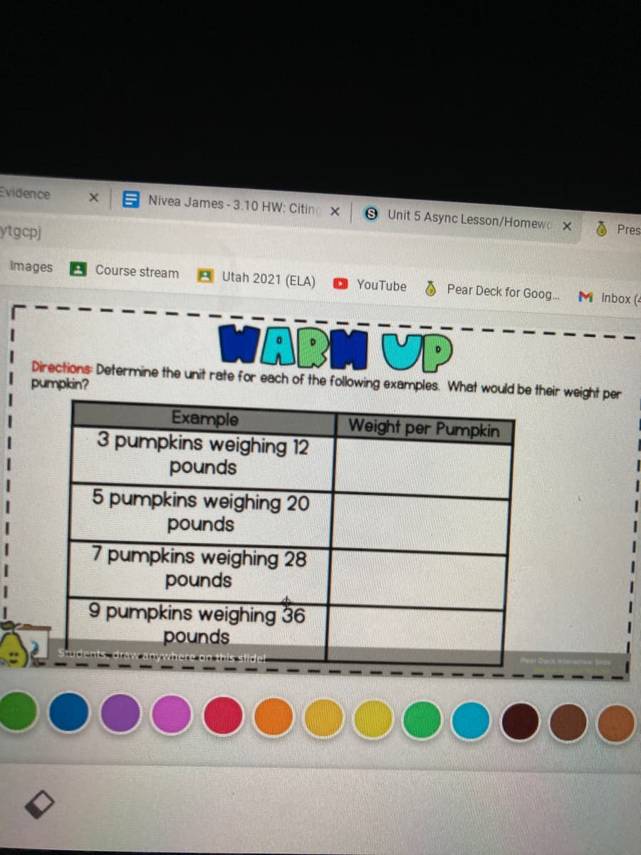 Evidence
A Nivea James-3.10 HW: Citinc x
S Unit 5 Async Lesson/Homewo x
Pres
ytgcpj
Images
Course stream
A Utah 2021 (ELA)
YouTube
Pear Deck for Goog.
M Inbox (4
WARM UP
Directions Determine the unit rate for each of the following examples. What would be their weight per
pumpkin?
Example
3 pumpkins weighing 12
pounds
Weight per Pumpkin
5 pumpkins weighing 20
pounds
7 pumpkins weighing 28
pounds
9 pumpkins weighing 36
pounds
Pear Deck iteractive Sde
Students, draw anywhere on this stidel
