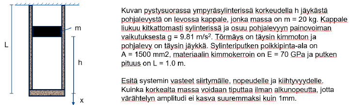 E
h
X
Kuvan pystysuorassa ympyräsylinterissä korkeudella h jäykästä
pohjalevystä on levossa kappale, jonka massa on m = 20 kg. Kappale
liukuu kitkattomasti sylinterissä ja osuu pohjalevyyn painovoiman
vaikutuksesta g = 9.81 m/s². Törmäys on täysin kimmoton ja
pohjalevy on täysin jäykkä. Sylinteriputken poikkipinta-ala on
A = 1500 mm2, materiaalin kimmokerroin on E = 70 GPa ja putken
pituus on L = 1.0 m.
Esitä systemin vasteet siirtymälle, nopeudelle ja kiihtyvyydelle.
Kuinka korkealta massa voidaan tiputtaa ilman alkunopeutta, jotta
värähtelyn amplitudi ei kasva suuremmaksi kuin 1mm.