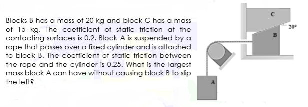 Blocks B has a mass of 20 kg and block C has a mass
of 15 kg. The coefficient of static friction at the
contacting surfaces is 0.2. Block A is suspended by a
rope that passes over a fixed cylinder and is attached
to block B. The coefficient of static friction between
the rope and the cylinder is 0.25. What is the largest
mass block A can have without causing block B to slip
the left?
20
