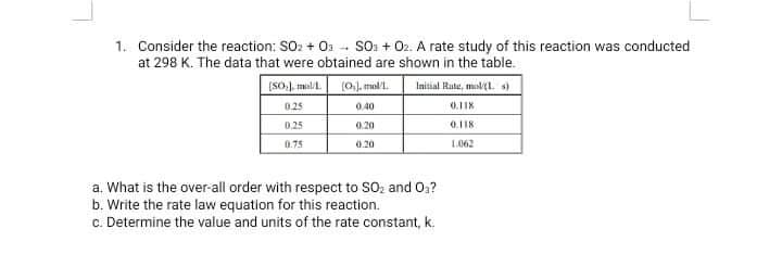 1. Consider the reaction: SO: + 01 - SO: + 02. A rate study of this reaction was conducted
at 298 K. The data that were obtained are shown in the table.
[SO). mal/
(0), mal.
Initial Rute, mal(l. s)
025
0.40
0.118
0.25
0.20
0.118
0.75
0.20
L062
a. What is the over-all order with respect to SOz and Oa?
b. Write the rate law equation for this reaction.
c. Determine the value and units of the rate constant, k.
