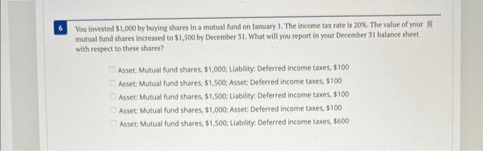 You invested $1,000 by buying shares in a mutual fund on January 1. The income tax rate is 20%. The value of your
mutual fund shares increased to $1,500 by December 31. What will you report in your December 31 balance sheet
with respect to these shares?
Asset: Mutual fund shares, $1,000; Liability: Deferred income taxes, $100
Asset: Mutual fund shares, $1,500; Asset: Deferred income taxes, $100
Asset: Mutual fund shares, $1,500; Liability: Deferred income taxes, $100
Asset: Mutual fund shares, $1,000; Asset: Deferred income taxes, $100
Asset: Mutual fund shares, $1,500; Liability: Deferred income taxes, $600