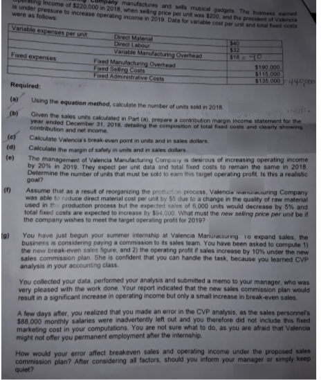 pany manufactures and sels musical gadgets The businesss earned
Income of $220.000 in 2018, when seling price per unit was $200, and the president of Valencia
s under pressure to increase operating income in 2019. Data for variable cost per unit and total fixed costs
were as folows
Vanable expenses per unit
Direct Material
Direct Labour
Variable Manufacturing Overhead
$40
$32
Fored expenses
$18 0
Faed Manufacturing Overhead
Faed Seing Costs
Fixed Administrative Costs
$190.000
$115.000
$135.000440c
Required:
(a)
Using the equation method, calculate the number of units sold in 2018.
(b)
Given the sales units calculated in Part (a), prepare a contribution margin income statement for the
year ended December 31, 2018, detailing the composition of total fixed costs and clearly showing
contribution and net income.
(e)
Calculate Valencia's break-even point in units and in sales dollars
Calculate the margin of safety in units and in sales dollars
(d)
The management of Valencia Manufacturing Compaiy is desirous of increasing operating income
by 20% in 2019. They expect per unit data and total fixed costs to remain the same in 2018.
Determine the number of units that must be sold to earn this target operating profit. Is this a realistic
goal?
(e)
Assume that as a result of reorganizing the production process, Valencia marnuiaLuring Company
was able to ruduce direct material cost per unit by $5 due to a change in the quality of raw material
used in th production process but the expected sales of 6,000 units would decrease by 5% and
total fixed costs are expected to increase by $04,000. What must the new selling price per unit be if
the company wishes to meet the target operating profit for 20197?
(1)
You have just begun your summer internship at Valencia Mariuracturing 10 expand sales, the
g)
business is considering paying a commission to its sales team. You have been asked to compute 1)
the new break-even sales figure, and 2) the operating profit if sales increase by 10% under the new
sales commission plan. She is confident that you can handie the task, because you learned CVP
analysis in your accounting class.
You collected your data, performed your analysis and submitted a memo to your manager, who was
very pleased with the work done. Your report indicated that the new sales commission plan would
result in a significant increase in operating income but only a small increase in break-even sales.
A few days after, you realized that you made an error in the CVP analysis, as the sales personnel's
$88,000 monthly salaries were inadvertently left out and you therefore did not include this fixed
marketing cost in your computations. You are not sure what to do, as you are afraid that Valencia
might not offer you permanent employment after the internship.
How would your error affect breakeven sales and operating income under the proposed sales
commission plan? After considering all factors, should you inform your manager or simply keep
quiet?
