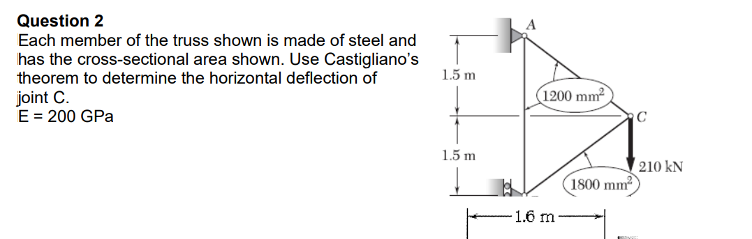 Question 2
Each member of the truss shown is made of steel and
has the cross-sectional area shown. Use Castigliano's
theorem to determine the horizontal deflection of
joint C.
E = 200 GPa
1.5 m
1,5 m
1
A
1200 mm²
1.6 m
1800 mm²
C
210 kN