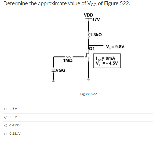 Determine the approximate value of VGG of Figure 522.
VDD
T17V
1.8kO
Q1
V, = 9.8V
1MQ
pss
= 9mA
V =- 4.5V
EVGG
Figure 522.
-1.5 V
O -1.2 V
-1.453 V
-3.281 V

