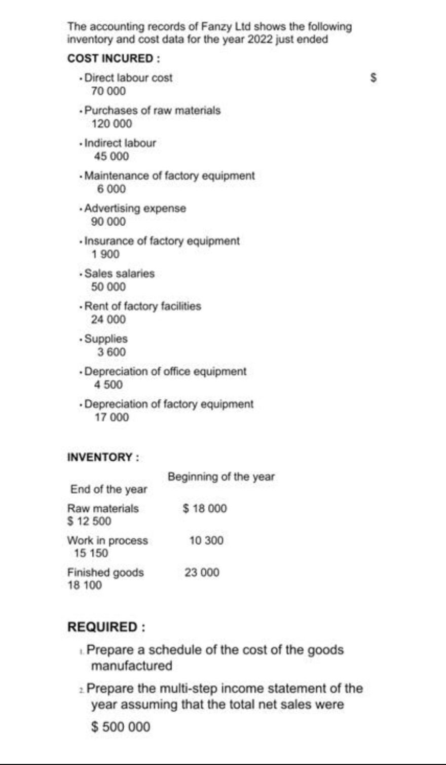 The accounting records of Fanzy Ltd shows the following
inventory and cost data for the year 2022 just ended
COST INCURED:
- Direct labour cost
70 000
Purchases of raw materials
120 000
.Indirect labour
45.000
- Maintenance of factory equipment
6 000
Advertising expense
90 000
Insurance of factory equipment
1.900
-Sales salaries
50 000
-Rent of factory facilities
24 000
.Supplies
3600
Depreciation of office equipment
4 500
Depreciation of factory equipment
17 000
INVENTORY :
End of the year
Raw materials
$ 12 500
Work in process
15 150
Finished goods
18 100
Beginning of the year
$ 18 000
10 300
23 000
REQUIRED:
Prepare a schedule of the cost of the goods
manufactured
2. Prepare the multi-step income statement of the
year assuming that the total net sales were
$ 500 000