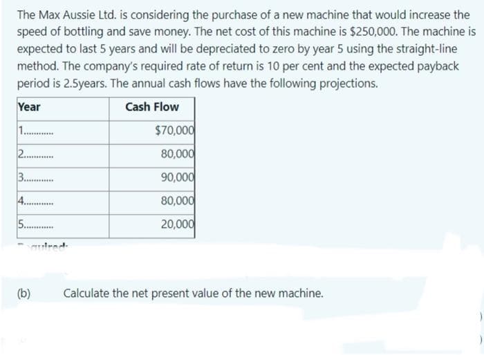 The Max Aussie Ltd. is considering the purchase of a new machine that would increase the
speed of bottling and save money. The net cost of this machine is $250,000. The machine is
expected to last 5 years and will be depreciated to zero by year 5 using the straight-line
method. The company's required rate of return is 10 per cent and the expected payback
period is 2.5years. The annual cash flows have the following projections.
Year
Cash Flow
2............
3............
5............
(b)
$70,000
80,000
90,000
80,000
20,000
Calculate the net present value of the new machine.