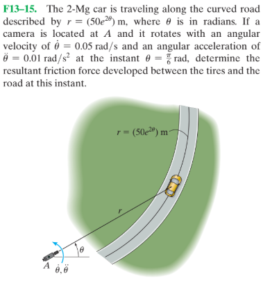 F13–15. The 2-Mg car is traveling along the curved road
described by r = (50e2") m, where e is in radians. If a
camera is located at A and it rotates with an angular
velocity of ở = 0.05 rad/s and an angular acceleration of
Ö = 0.01 rad/s? at the instant e =% rad, determine the
resultant friction force developed between the tires and the
%3D
road at this instant.
1 = (50e2") m-
