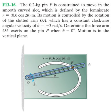 F13–16. The 0.2-kg pin P is constrained to move in the
smooth curved slot, which is defined by the lemniscate
r = (0.6 cos 20) m. Its motion is controlled by the rotation
of the slotted arm OA, which has a constant clockwise
angular velocity of ở = -3 rad/s. Determine the force arm
OA exerts on the pin P when e = 0°. Motion is in the
vertical plane.
1= (0.6 cos 20) m
