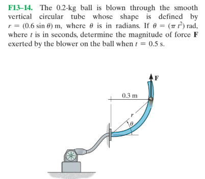 F13–14. The 0.2-kg ball is blown through the smooth
vertical circular tube whose shape is defined by
r = (0.6 sin 0) m, where e is in radians. If 0 = (7 P) rad,
where t is in seconds, determine the magnitude of force F
exerted by the blower on the ball when t = 0.5 s.
%3D
0.3 m
