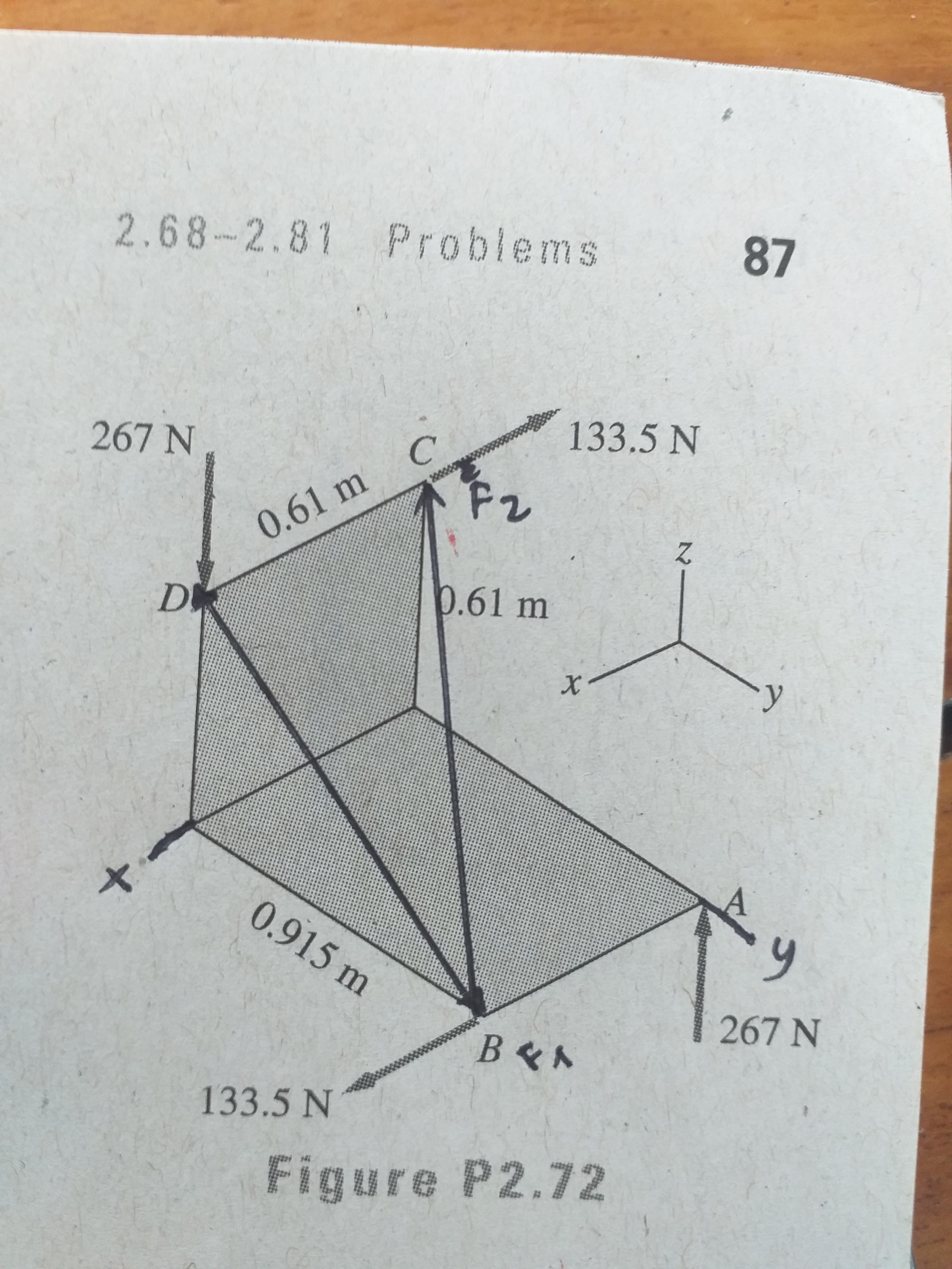 2.68-2.81 Problems
87
this
267 N
C'
133.5 N
2000
0.61 m
D
0.61 m
メ
0.915 m
ఆ
267 N
133.5 N
Figure P2.72
