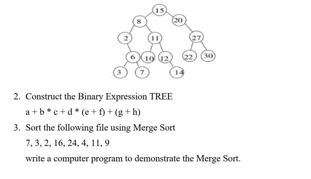 (15
20
12
22
30
14
2. Construct the Binary Expression TREE
a + b * c +d * (e+ f) + (g + h)
3. Sort the following file using Merge Sort
7, 3, 2, 16, 24, 4, 11, 9
write a computer program to demonstrate the Merge Sort.
