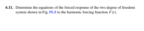 6.11. Determine the equations of the forced response of the two degree of freedom
system shown in Fig. P6.8 to the harmonic forcing function F (t).
