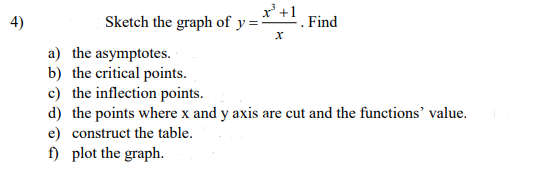 x' +1
4)
Sketch the graph of y =
Find
a) the asymptotes.
b) the critical points.
c) the inflection points.
d) the points where x and y axis are cut and the functions' value.
e) construct the table.
f) plot the graph.

