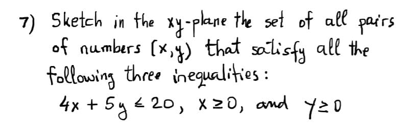 7) Sketch in the xy-plkane the set of all
of numbers (x,4) that salisfy all the
following three inequalitios:
4x + 5y < 20, x 20, and y20
pairs
