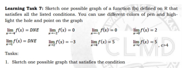 Learning Task 7: Sketch one possible graph of a function f(x) defined on R that
satisfies all the listed conditions. You can use different colors of pen and high-
light the hole and point on the graph
KAS
lim f(x) = 0
lim f(x) = 0
lim f(x) = 2
lim f(x) = DNE
x-2
x-1
x-4
lim f(x) = DNE
lim f(x) = -3
lim f(x) = 5
lim f(x) = 5
c>4
x+4
Tasks:
1. Sketch one possible graph that satisfies the condition
