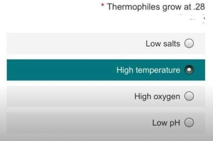 Thermophiles grow at .28
Low salts O
High temperature
High oxygen O
Low pH O
