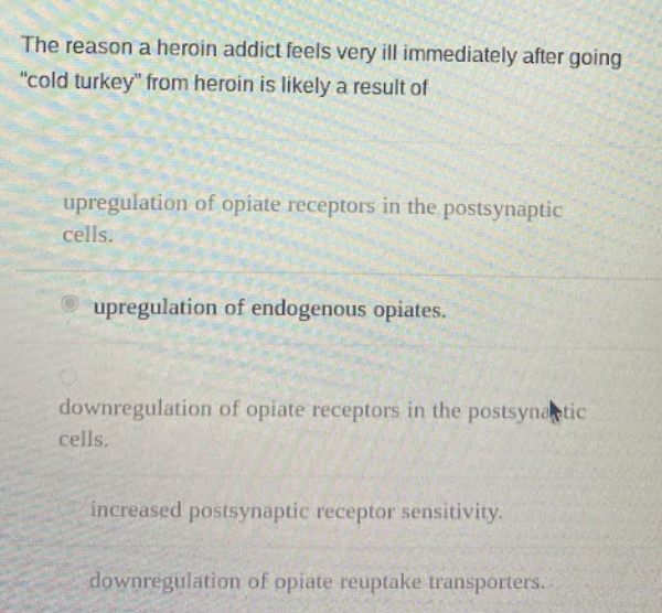 The reason a heroin addict feels very ill immediately after going
"cold turkey" from heroin is likely a result of
upregulation of opiate receptors in the postsynaptic
cells.
upregulation of endogenous opiates.
downregulation of opiate receptors in the postsynatic
cells.
increased postsynaptic receptor sensitivity.
downregulation of opiate reuptake transporters.
