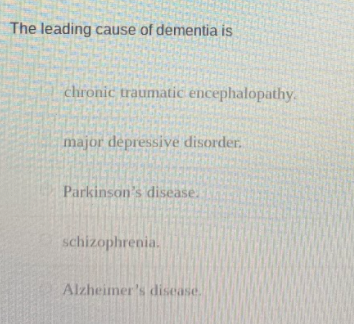 The leading cause of dementia is
chronic traumatic encephalopathy.
major depressive disorder.
Parkinson's disease.
schizophrenia.
Alzheimer's disease.
