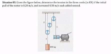 Situation 03. Given the figure below, determine the tension in the three cords (in KN) if the initial
pull of the motor is 0.20 m/s, and increased 0.50 m/s each added second.
100 ku
