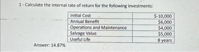 1- Calculate the internal rate of return for the following investments:
Initial Cost
Annual Benefit
Answer: 14.87%
Operations and Maintenance
Salvage Value
Useful Life
$-10,000
$6,000
$4,000
$5,000
8 years