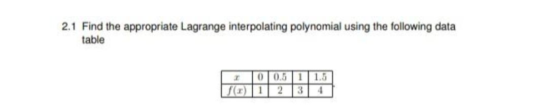 2.1 Find the appropriate Lagrange interpolating polynomial using the following data
table
a
0 0.5 1 1.5
f(x) 1 2 3 4