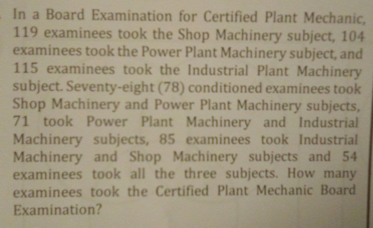 In a Board Examination for Certified Plant Mechanic,
119 examinees took the Shop Machinery subject, 104
examinees took the Power Plant Machinery subject, and
115 examinees took the Industrial Plant Machinery
subject. Seventy-eight (78) conditioned examinees took
Shop Machinery and Power Plant Machinery subjects,
71 took Power Plant Machinery and Industrial
Machinery subjects, 85 examinees took Industrial
Machinery and Shop Machinery subjects and 54
examinees took all the three subjects. How many
examinees took the Certified Plant Mechanic Board
Examination?
