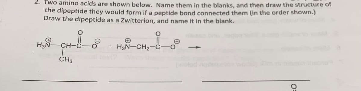 2. Two amino acids are shown below. Name them in the blanks, and then draw the structure of
the dipeptide they would form if a peptide bond connected them (in the order shown.)
Draw the dipeptide as a Zwitterion, and name it in the blank.
H3N-CH-
CH-C-O
CH3
+
+ H3N-CH₂-C O