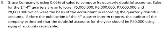 9. Grace Company is using 0.05% of sales to compute its quarterly doubtful accounts. Sales
for the 1*.4th quarters are as follows: P5,000,000, P6,000,000, P7,000,000 and
P8,000,000 which were the basis of the accountant in recording the quarterly doubtful
accounts. Before the publication of the 4th quarter interim reports, the auditor of the
company estimated that the doubtful accounts for the year should be P50,000 using
aging of accounts receivable.
