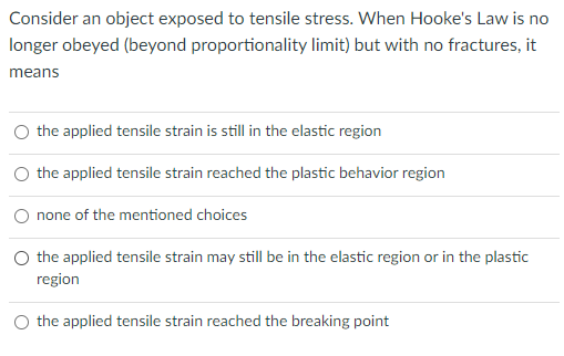 Consider an object exposed to tensile stress. When Hooke's Law is no
longer obeyed (beyond proportionality limit) but with no fractures, it
means
the applied tensile strain is still in the elastic region
O the applied tensile strain reached the plastic behavior region
none of the mentioned choices
the applied tensile strain may still be in the elastic region or in the plastic
region
O the applied tensile strain reached the breaking point
