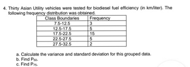 4. Thirty Asian Utility vehicles were tested for biodiesel fuel efficiency (in km/liter). The
following frequency distribution was obtained.
Class Boundaries
7.5-12.5
12.5-17.5
17.5-22.5
22.5-27.5
27.5-32.5
Frequency
15
a. Calculate the variance and standard deviation for this grouped data.
b. Find Pso.
c. Find P7s.
