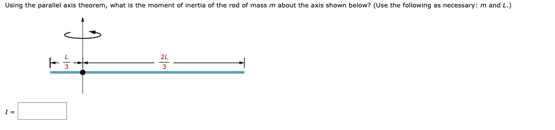 Using the parallel axis theorem, what is the moment of inertia of the rod of mass m about the axis shown below? (Use the following as necessary: m and L.)
I =
