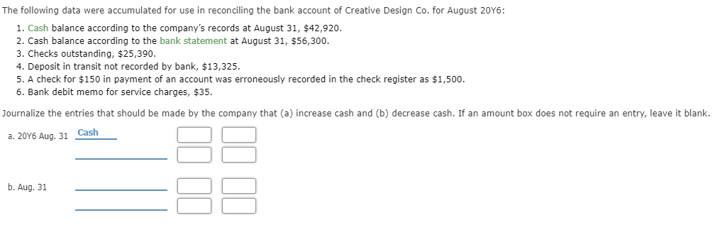 The following data were accumulated for use in reconciling the bank account of Creative Design Co. for August 20Y6:
1. Cash balance according to the company's records at August 31, $42,920.
2. Cash balance according to the bank statement at August 31, $56,300.
3. Checks outstanding, $25,390.
4. Deposit in transit not recorded by bank, $13,325.
5. A check for $150 in payment of an account was erroneously recorded in the check register as $1,500.
6. Bank debit memo for service charges, $35.
Journalize the entries that should be made by the company that (a) increase cash and (b) decrease cash. If an amount box does not require an entry, leave it blank.
a. 20Y6 Aug. 31 Cash
b. Aug. 31
