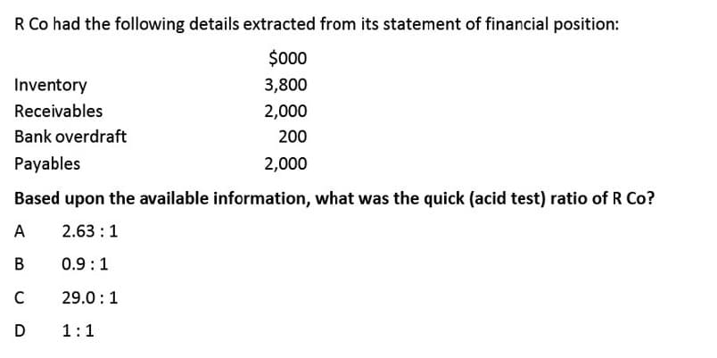 R Co had the following details extracted from its statement of financial position:
$00
Inventory
3,800
Receivables
2,000
Bank overdraft
200
Payables
2,000
Based upon the available information, what was the quick (acid test) ratio of R Co?
A
2.63 :1
В
0.9:1
C
29.0 :1
D
1:1
