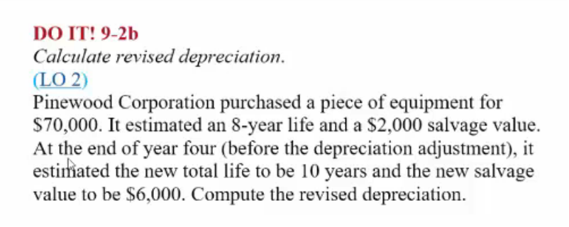 DO IT! 9-2b
Calculate revised depreciation.
(LO 2)
Pinewood Corporation purchased a piece of equipment for
S70,000. It estimated an 8-year life and a $2,000 salvage value.
At the end of year four (before the depreciation adjustment), it
estimated the new total life to be 10 years and the new salvage
value to be $6,000. Compute the revised depreciation.
