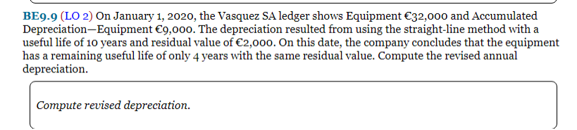 BE9.9 (LO 2) On January 1, 2020, the Vasquez SA ledger shows Equipment €32,000 and Accumulated
Depreciation-Equipment €9,000. The depreciation resulted from using the straight-line method with a
useful life of 10 years and residual value of €2,000. On this date, the company concludes that the equipment
has a remaining useful life of only 4 years with the same residual value. Compute the revised annual
depreciation.
Compute revised depreciation.
