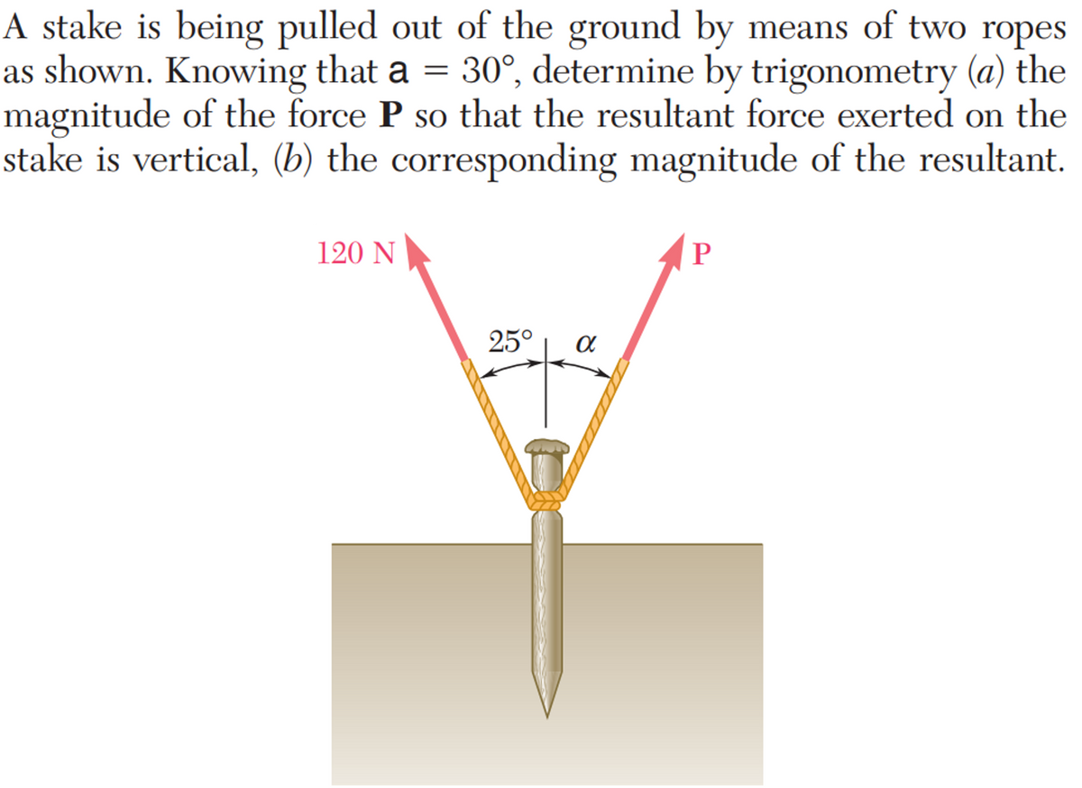 A stake is being pulled out of the ground by means of two ropes
as shown. Knowing that a = 30°, determine by trigonometry (a) the
magnitude of the force P so that the resultant force exerted on the
stake is vertical, (b) the corresponding magnitude of the resultant.
SO
120 N
P
25°

