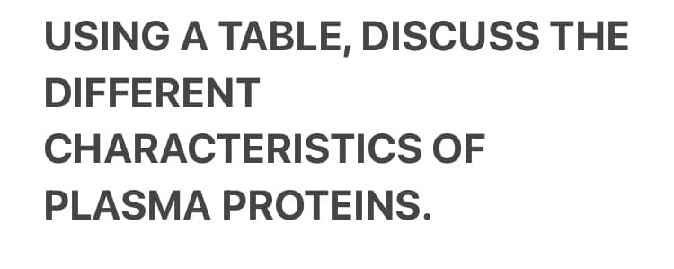 USING A TABLE, DISCUSS THE
DIFFERENT
CHARACTERISTICS OF
PLASMA PROTEINS.
