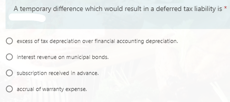 A temporary difference which would result in a deferred tax liability is *
O excess of tax depreciation over financial accounting depreciation.
O interest revenue on municipal bonds.
O subscription received in advance.
O accrual of warranty expense.
