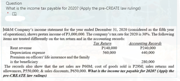 Question
What is the income tax payable for 2020? (Apply the pre-CREATE law rulings)
M&M Company's income statement for the year ended December 31, 2020 (considered as the fifth year
of operations), shows pretax income of P3,000,000. The company's tax rate for 2020 is 30%. The following
items are treated differently on the tax return and in the accounting records:
Tax Return
P140,000
Accounting Records
Rent revenue
P240,000
Depreciation expense
Premium on officers' life insurance and the family
is the beneficiary
The records also show that the net sales are P60M; cost of goods sold is P29M; sales returns and
allowances, P550,000; & sales discounts, P650,000. What is the income tax payable for 2020? (Appły the
pre-CREATE law rulings)
560,000
440,000
280,000
