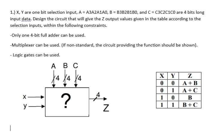 1.) X, Y are one bit selection input, A = A3A2A1A0, B = B3B2B1B0, and C= C3C2C1C0 are 4 bits long
input data. Design the circuit that will give the Z output values given in the table according to the
selection inputs, within the following constraints.
-Only one 4-bit full adder can be used.
-Multiplexer can be used. (If non-standard, the circuit providing the function should be shown).
- Logic gates can be used.
A
в с
Y
A +B
1| A+C
1
B
y -
1
1 B+C
