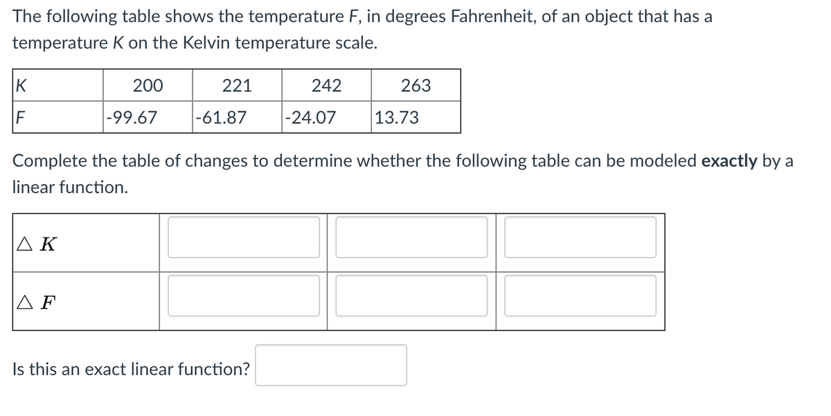 The following table shows the temperature F, in degrees Fahrenheit, of an object that has a
temperature K on the Kelvin temperature scale.
K
200
221
242
263
|-99.67
|-61.87
|-24.07
13.73
Complete the table of changes to determine whether the following table can be modeled exactly by a
linear function.
A K
A F
Is this an exact linear function?
